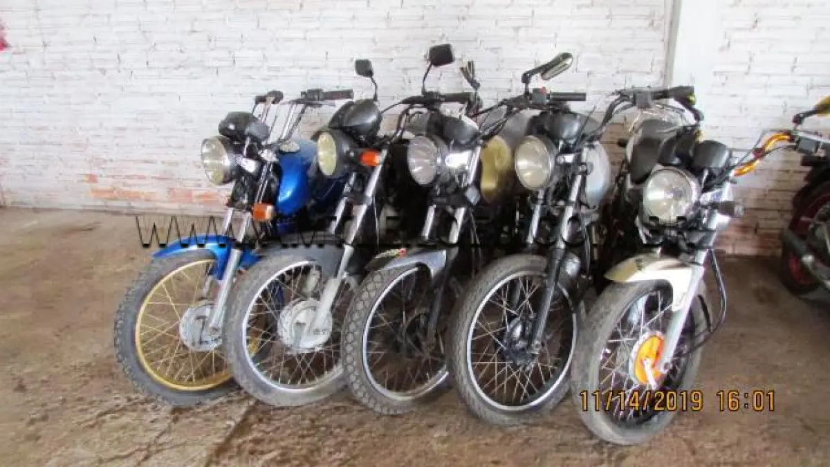 LOTE 023 - SUCATAS: HONDA/CG 125 TITAN (+), ANO: 1998/1998
PLACA: IHK4248; YAMAHA/YBR 125E (+), ANO: 2003/2003, PLACA: ILD6530; YAMAHA/YBR 125K (+), ANO: 2007/2007, PLACA: INV0821; YAMAHA/YBR 125E (+), ANO: 2004/2005, PLACA: IMD9476; HONDA/CG 150 TITAN KS (+), ANO: 2006/2007, PLACA: INM5137