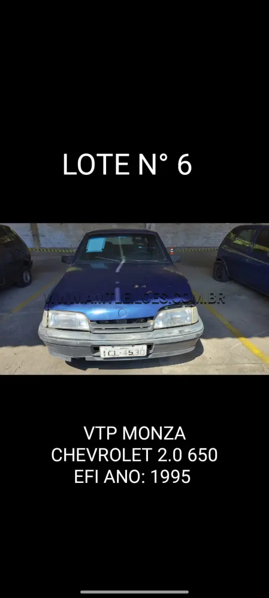 LOTE 006 - MARCA/MODELO: VTP GM/MONZA 2.0 650 EFI; ANO: 1995; CHASSI: 9BGJG69RSRB019312; PLACA: ICL 4530; Nº MOTOR: B20NZ31108595; RENAVAM:  *00627701620.