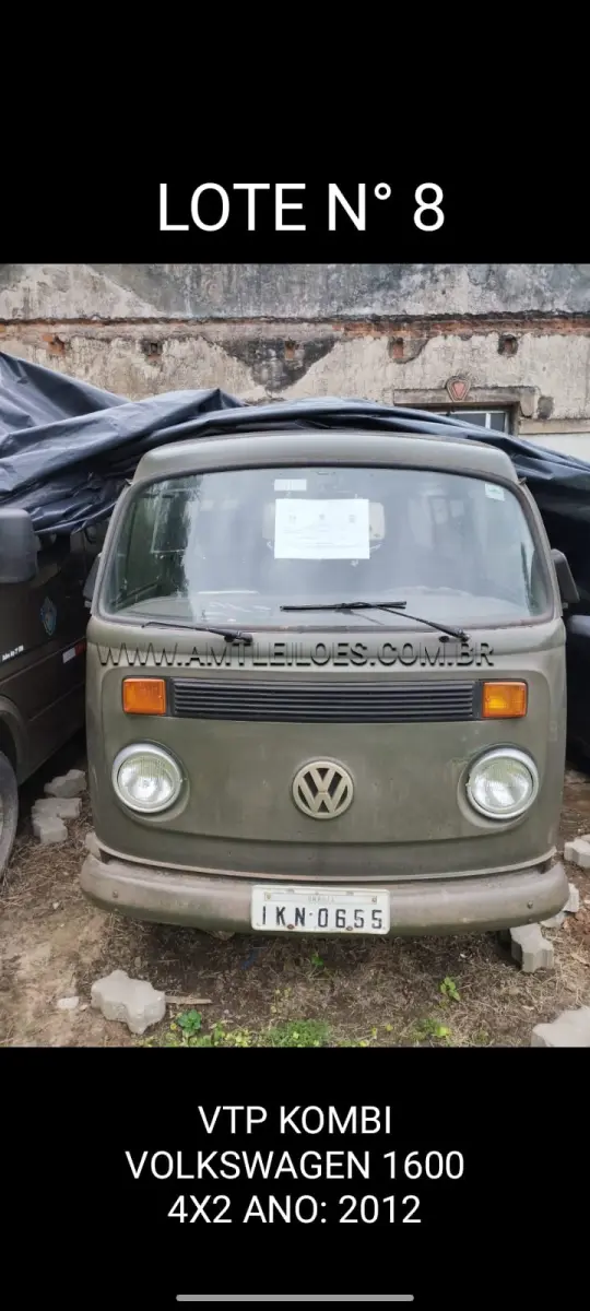 LOTE 008 - MARCA/MODELO: VTP VW KOMBI 1600 4X2; ANO: 2002; CHASSI: 9BWGB07X12P006840; PLACA: IKN 0655; Nº MOTOR: UGA077375; RENAVAM: 776606867
