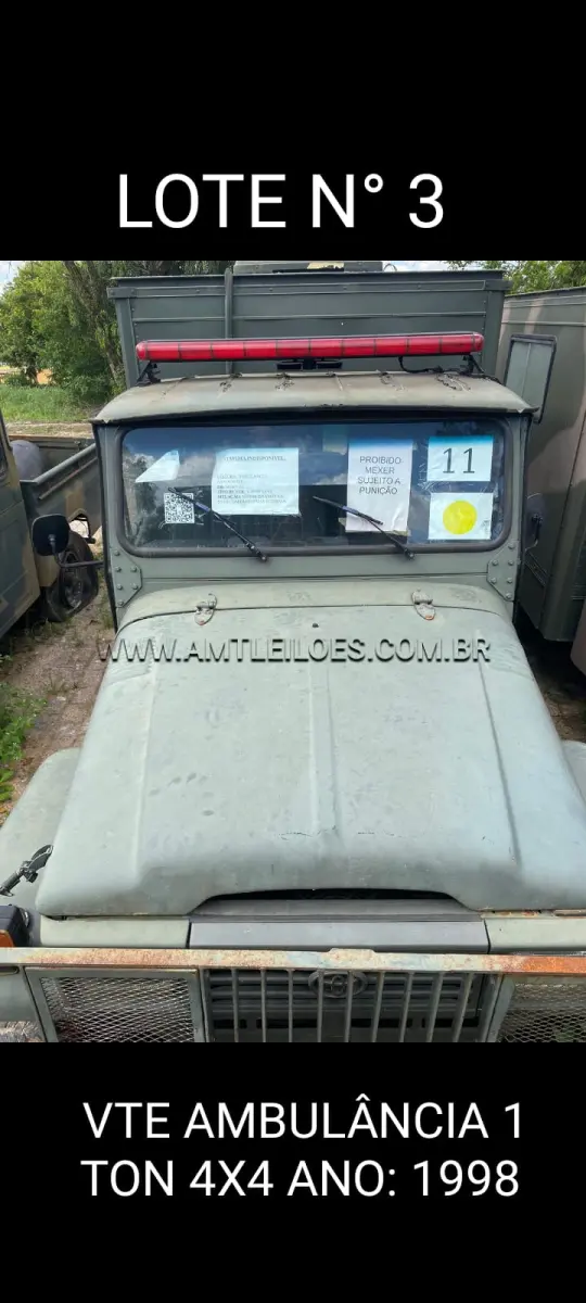 LOTE 003 - MARCA/MODELO: VTE/ AMBULÂNCIA 1 TON; 4X4; ANO: 1998; CHASSI: 9BRBJ0180W1014591; PLACA: VTR OP; Nº MOTOR: 1548553; RENAVAM: VTR OP. MARCA/MODELO: VTP/VW KOMBI 4X2; ANO: 2010; CHASSI: 9BWMF07X2BP013707; PLACA: IRN 5981; Nº MOTOR: 34491215112336; RENAVAM: 278715303 - VIATURA BAIXADA
