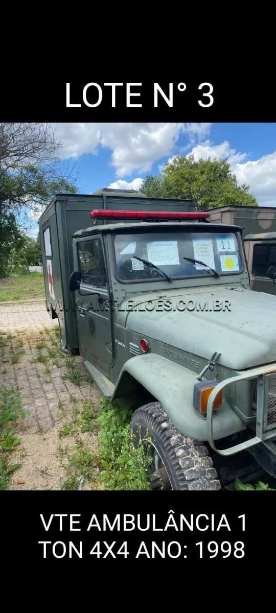 LOTE 003 - MARCA/MODELO: VTE/ AMBULÂNCIA 1 TON; 4X4; ANO: 1998; CHASSI: 9BRBJ0180W1014591; PLACA: VTR OP; Nº MOTOR: 1548553; RENAVAM: VTR OP. MARCA/MODELO: VTP/VW KOMBI 4X2; ANO: 2010; CHASSI: 9BWMF07X2BP013707; PLACA: IRN 5981; Nº MOTOR: 34491215112336; RENAVAM: 278715303 - VIATURA BAIXADA