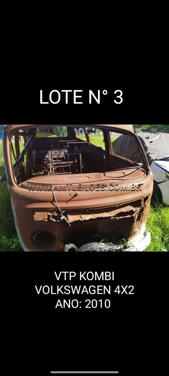 LOTE 003 - MARCA/MODELO: VTE/ AMBULÂNCIA 1 TON; 4X4; ANO: 1998; CHASSI: 9BRBJ0180W1014591; PLACA: VTR OP; Nº MOTOR: 1548553; RENAVAM: VTR OP. MARCA/MODELO: VTP/VW KOMBI 4X2; ANO: 2010; CHASSI: 9BWMF07X2BP013707; PLACA: IRN 5981; Nº MOTOR: 34491215112336; RENAVAM: 278715303 - VIATURA BAIXADA