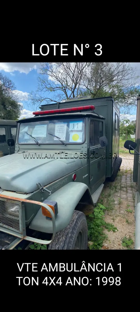 LOTE 003 - MARCA/MODELO: VTE/ AMBULÂNCIA 1 TON; 4X4; ANO: 1998; CHASSI: 9BRBJ0180W1014591; PLACA: VTR OP; Nº MOTOR: 1548553; RENAVAM: VTR OP. MARCA/MODELO: VTP/VW KOMBI 4X2; ANO: 2010; CHASSI: 9BWMF07X2BP013707; PLACA: IRN 5981; Nº MOTOR: 34491215112336; RENAVAM: 278715303 - VIATURA BAIXADA