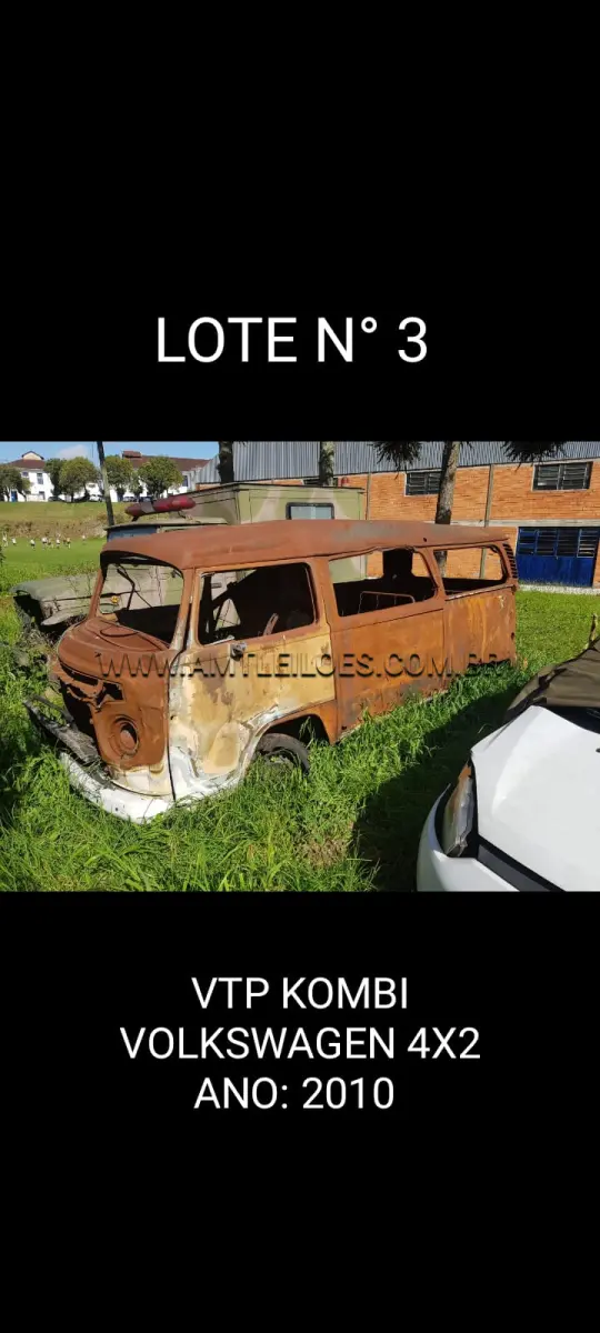 LOTE 003 - MARCA/MODELO: VTE/ AMBULÂNCIA 1 TON; 4X4; ANO: 1998; CHASSI: 9BRBJ0180W1014591; PLACA: VTR OP; Nº MOTOR: 1548553; RENAVAM: VTR OP. MARCA/MODELO: VTP/VW KOMBI 4X2; ANO: 2010; CHASSI: 9BWMF07X2BP013707; PLACA: IRN 5981; Nº MOTOR: 34491215112336; RENAVAM: 278715303 - VIATURA BAIXADA