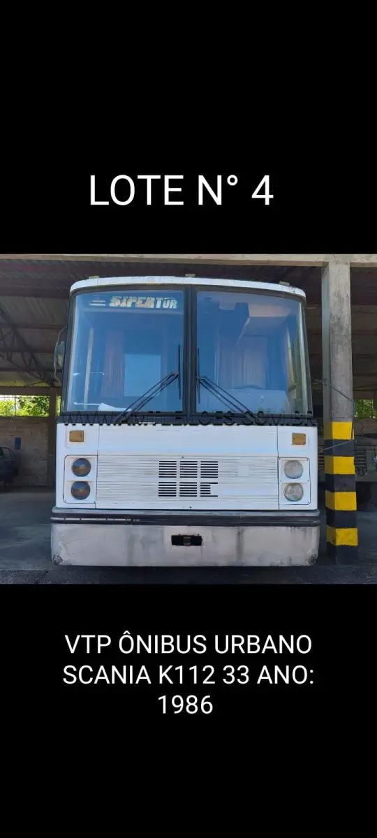 LOTE 004 - MARCA/MODELO: VTP ÔNIBUS URBANO SCANIA/ K112 33; ANO: 1986; CHASSI: 9BSKC4X2BG3455209; PLACA: CXA 2123; Nº MOTOR: 3051615; RENAVAM: *00245312145;